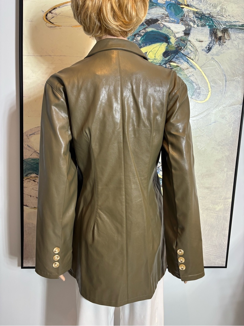 Olive Green Faux Leather Belted Trench Blazer - Picture 10 of 16